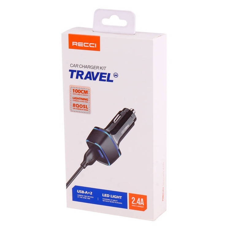 شارژر فندکی خودرو رسی Q05L 2.4A 12W Recci+ کابل لایتنینگ